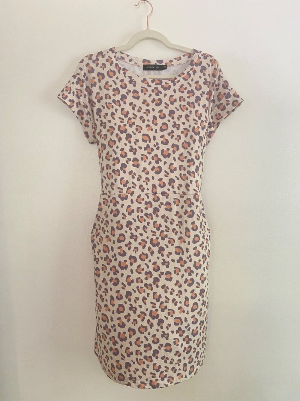 Beige Leopard Print Short-Sleeve Midi Dress By Merokeety Size M